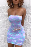 Milk. Fashion Sexy adult Ma'am Green Pink Light Blue Light Purple Off The Shoulder Sleeveless Wrapped chest Step Skirt skirt Print Tie and dye Dresses