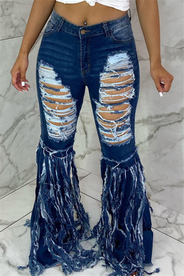 Fashion Casual Regular Solid Broken Hole Jeans