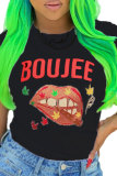 Red Black O Neck Short Sleeve Letter Patchwork Print Slim fit Lips Print Eyes Printed Tops