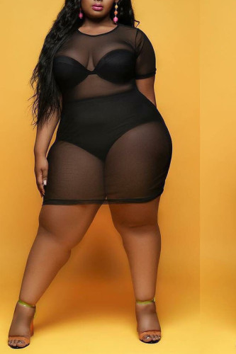 Sexy O Neck Solid perspective HOLLOWED OUT Hollow Out Plus Size