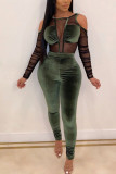 Sexy Mesh Solid Long Sleeve O Neck Jumpsuits