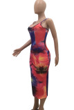Fashion Sexy adult Red Blue Off The Shoulder Sleeveless Slip Pencil Dress Mid-Calf Print Patchwork backless Tie and dye Dresses