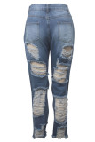 Denim Button Fly Sleeveless High Hole Patchwork washing Solid Old Straight Pants Pants