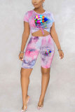 Fashion adult England Patchwork Print Tie Dye Two Piece Suits Lips Print pencil Short Sleeve Two Pieces