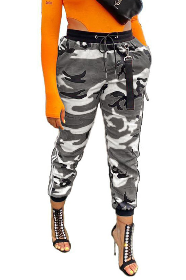 Grey Blue Green Yellow Drawstring Mid Patchwork Print bandage camouflage Loose Capris Bottoms