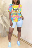 White Blue Yellow purple colour O Neck Short Sleeve Patchwork Print Character Tops