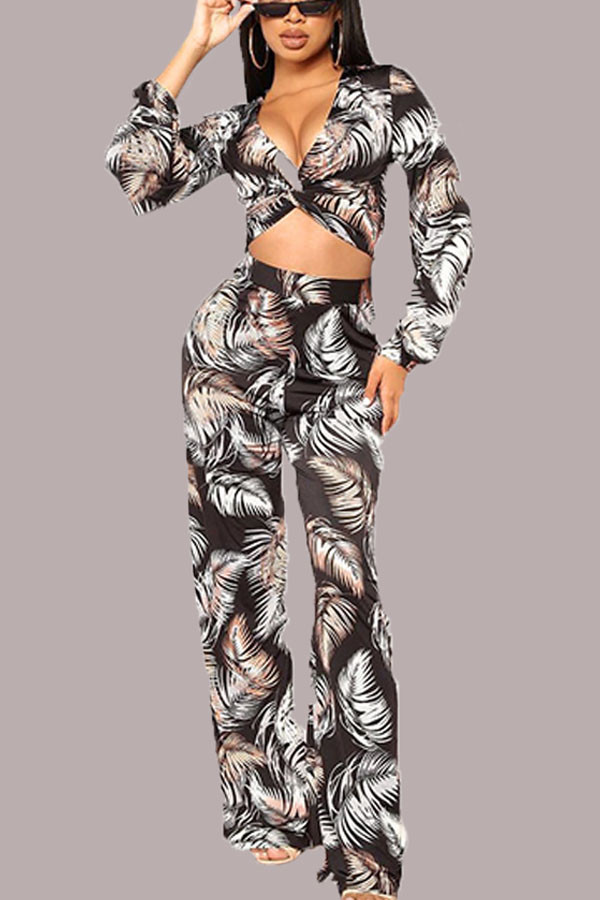 Fashion Sexy Europe and America Print Loose Long Sleeve Two Pieces