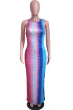 Fashion adult Lightly cooked multicolor Off The Shoulder Sleeveless O neck Step Skirt Floor-Length Print Patchwork Tie and dye Dresses