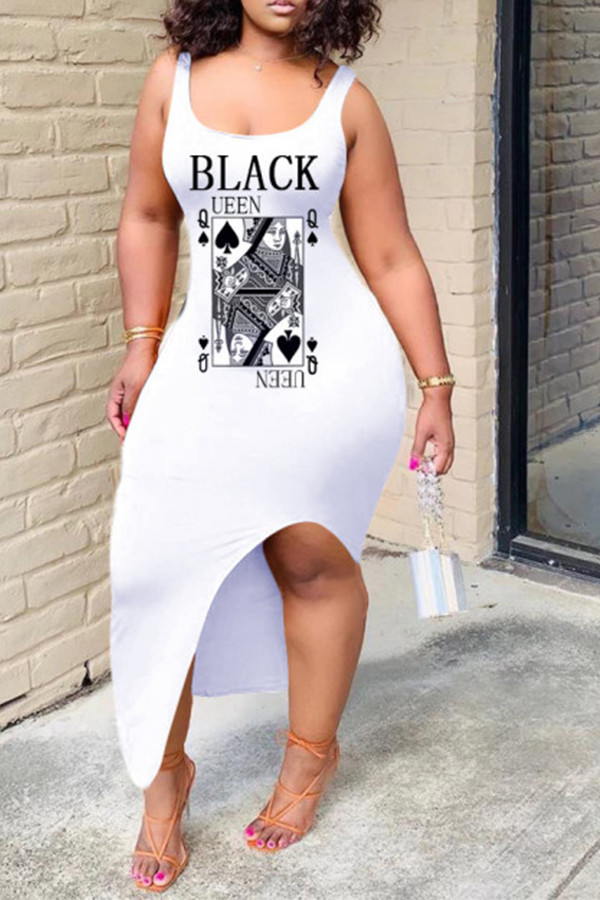 Fashion Sexy adult White Black Yellow Tank Sleeveless O neck Step Skirt Ankle-Length Print Patchwork split Dresses
