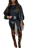 Fashion British Style Adult Faux Leather Solid Pullovers O Neck Tops