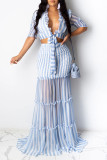 Casual 3/4 Length Sleeves V Neck Slim Dress Floor-Length Striped Print Patchwork Dresses