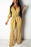 Fashion Sexy Adult Striped Patchwork With Belt V Neck Loose Jumpsuits