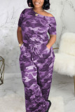 Fashion Sexy Camouflage nylon Short Sleeve one shoulder collar Jumpsuits