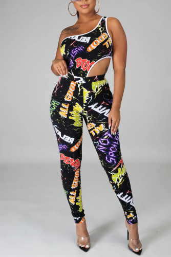 Fashion Sexy Oblique Collar Sleeveless Off The Shoulder Skinny Print Jumpsuits