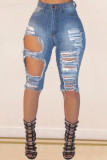 Denim Zipper Fly Mid Solid Hole washing pencil Capris Bottoms