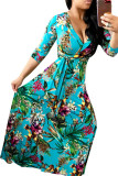 Modaier Fashion adult Ma'am Lightly cooked Cap Sleeve 3/4 Length Sleeves V Neck Swagger Floor-Length Print Dresses