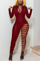 Fashion Sexy Adult Solid Ripped Patchwork V Neck Skinny Jumpsuits