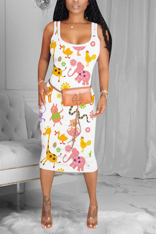 Fashion adult Street White Multi-color multicolor Off The Shoulder Sleeveless Slip Step Skirt Knee-Length Print Patchwork Animal Tie and dye lip Dresses