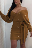 Fashion Sexy Adult Flocking Solid Frenulum Bateau Neck Long Sleeve Knee Length Wrapped Skirt Dresses