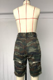 Pink Yellow Camouflage Denim Zipper Fly Mid Hole washing pencil Capris Bottoms