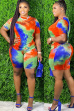 Fashion adult Ma'am Sweet O Neck Patchwork Print Tie Dye Two Piece Suits Stitching Plus Size