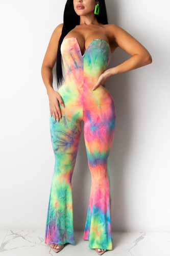Fashion Casual Tie-dyed Milk. Sleeveless V Neck Jumpsuits