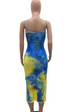 Fashion Sexy adult Red Blue Off The Shoulder Sleeveless Slip Pencil Dress Mid-Calf Print Patchwork backless Tie and dye Dresses