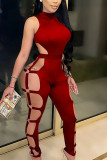 Sexy Solid Bandage Hollowed Out Skinny Jumpsuits