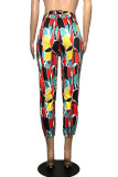 Multi-color Drawstring Sleeveless Mid Patchwork Print Straight Capris Bottoms