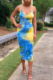 Fashion Sexy adult Red Blue Off The Shoulder Sleeveless Slip Pencil Dress Mid-Calf Print Patchwork backless Tie and dye Dresses