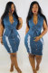 The cowboy Fashion Casual adult Black Light Blue Dark Blue Off The Shoulder Sleeveless Turndown Collar Step Skirt Knee-Length Patchwork bandage Solid Old Dresses