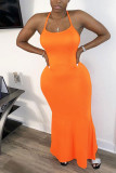 Sexy Orange rose red Shallow yellow Spaghetti Strap Sleeveless Slip Mermaid Ankle-Length Solid Dresses