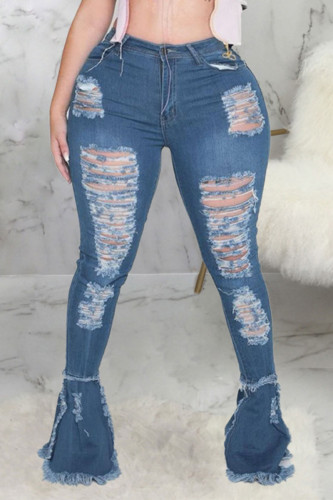 Sexy Denim Solid Ripped Plus Size