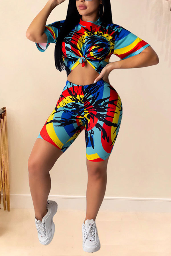 Fashion Casual adult Patchwork Print Two Piece Suits Straight Short Sleeve Two Pieces