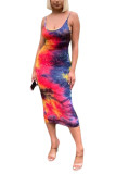 Fashion Sexy adult Red Blue Off The Shoulder Sleeveless Slip Pencil Dress Mid-Calf Print Patchwork backless Tie and dye Dresses