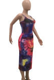 Fashion Sexy adult Red Blue Off The Shoulder Sleeveless Slip Pencil Dress Mid-Calf Print Patchwork backless Tie and dye Dresses