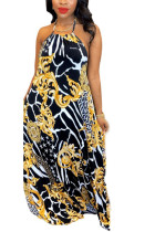 Sexy England Sleeveless Halter Neck Swagger Floor-Length Print bandage hollow out Dresses