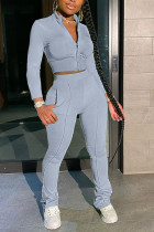 Blends Solid Zippered Straight Long Sleeve Two Pieces