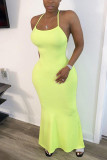 Sexy Orange rose red Shallow yellow Spaghetti Strap Sleeveless Slip Mermaid Ankle-Length Solid Dresses