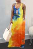 OL Orange Yellow rose red Sleeveless Slip A-Line Floor-Length Print Tie and dye Dresses