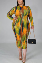 Fashion Casual Plus Size O Neck Long Sleeve Regular Sleeve Print Printed Dress