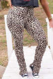 Fashion Casual Adult Twilled Satin Leopard Slit Skinny Bottoms