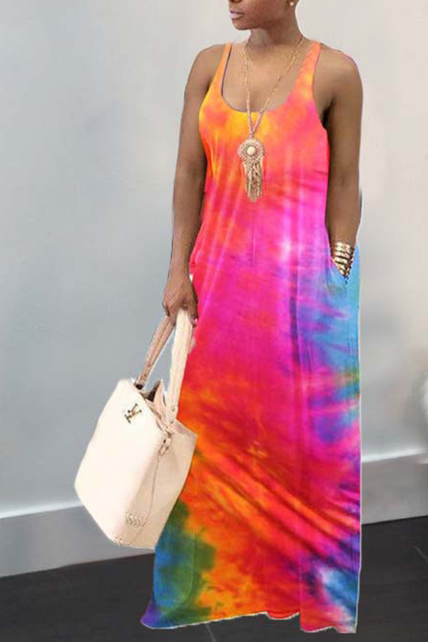 OL Orange Yellow rose red Sleeveless Slip A-Line Floor-Length Print Tie and dye Dresses