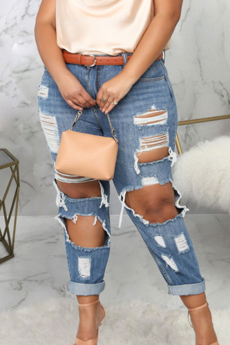 Sexy Denim Solid Ripped Plus Size 