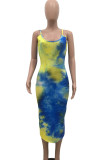 Fashion Sexy adult Red Blue Off The Shoulder Sleeveless Slip Pencil Dress Mid-Calf Print Patchwork backless Tie and dye Dresses