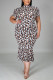 Fashion Sexy O Neck Short Sleeve Regular Sleeve Print Leopard Printed Dress Plus Size