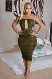 Silk Fashion Ma'am adult Sexy Off The Shoulder Sleeveless Wrapped chest Pencil Dress Mid-Calf backle