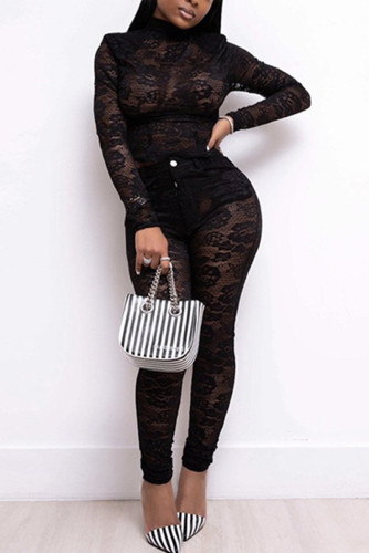 Sexy Turtleneck Perspective Lace Two-Piece Set