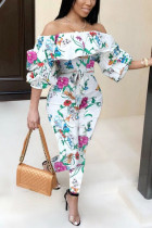 Sexy Print Silk Long Sleeve one word collar Jumpsuits