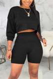 Fashion Casual Long Sleeve O Neck Regular Sleeve Short Solid Two Pieces